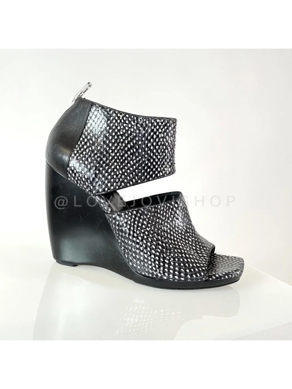 Runway | Balenciaga Snakeskin Black White Peep Toe Wedge Sandal Heel | Luxury 10